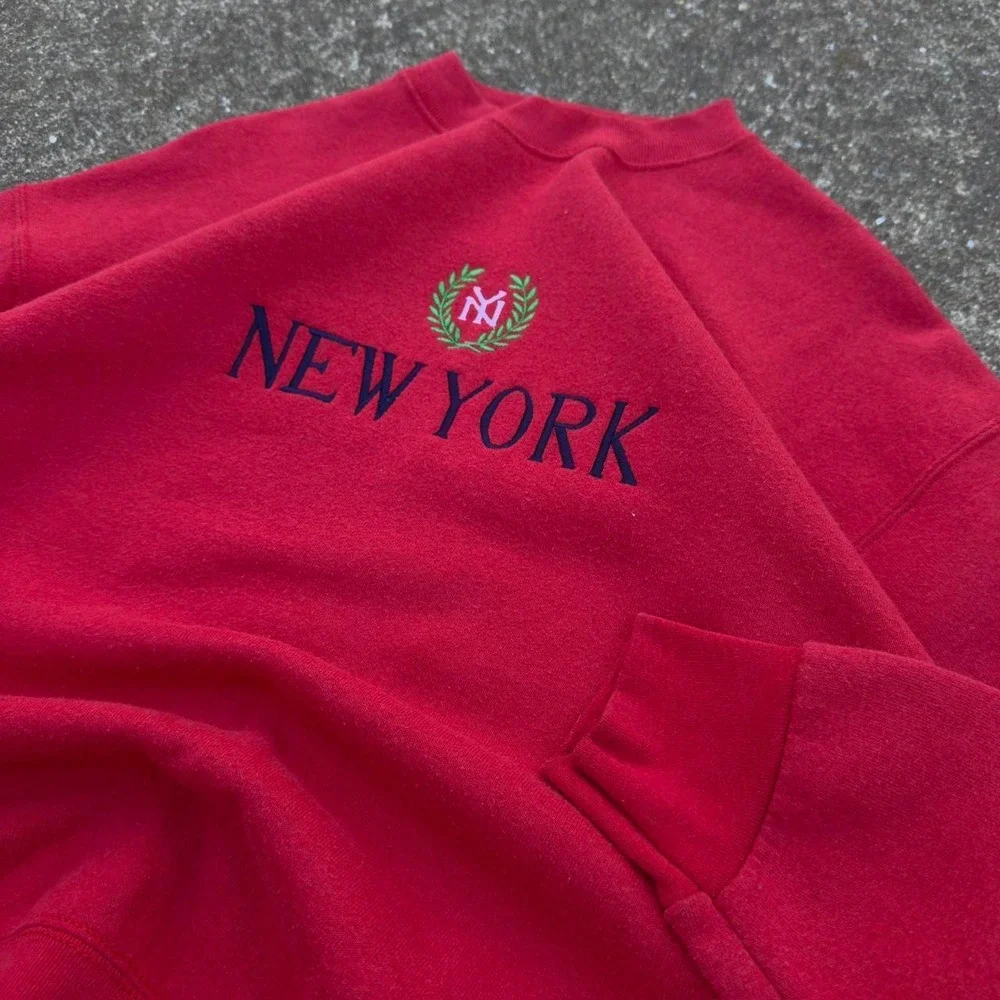 Vintage 90s Fruit Of The Loom New York Crewneck Streetwear Red Large (b2)